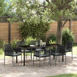Garden Dining Set 7 Pieces Black Poly Rattan Outdoor Furniture with Steel Frame