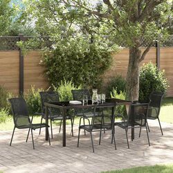 Garden Dining Set 7 Piece Outdoor Furniture Black Steel Frame Mesh Seats