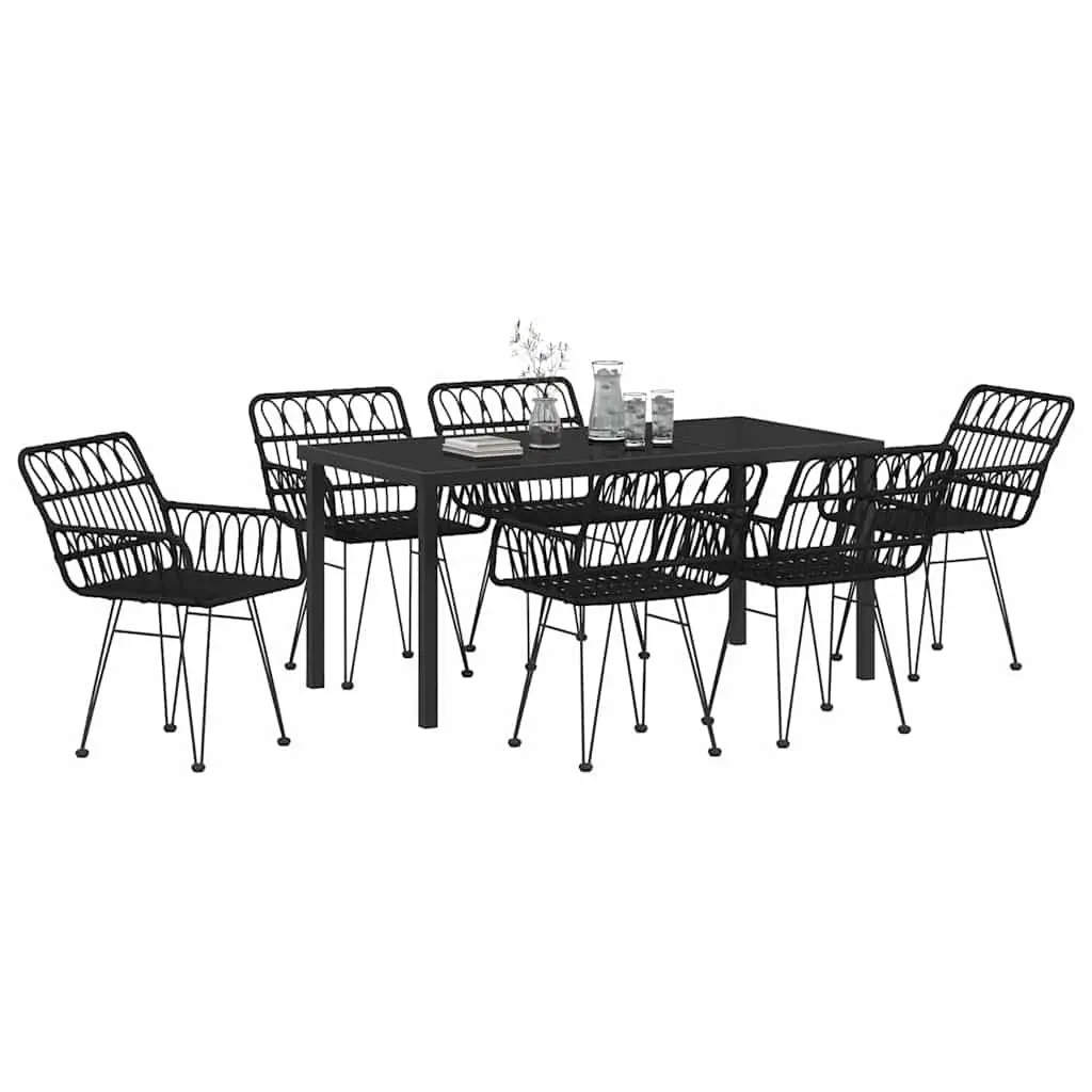 Garden Dining Set 7 Pieces Rectangular Outdoor Furniture Black Poly Rattan Steel