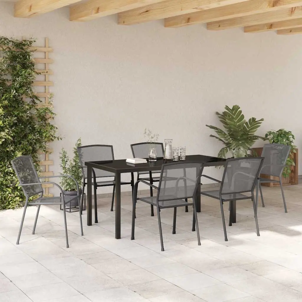 Garden Dining Set 7 Piece Rectangular Table with Tempered Glass Top and Six Chairs Anthracite Powder-coated Steel
