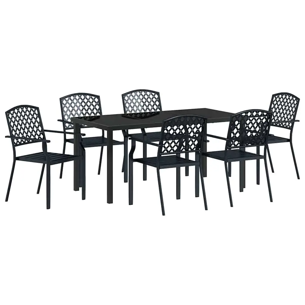 Garden Dining Set 7 Pieces Tempered Glass Tabletop Steel Frame Anthracite
