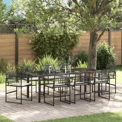 Outdoor Dining Set 9 Piece Garden Furniture Black Poly Rattan Glass Top Steel