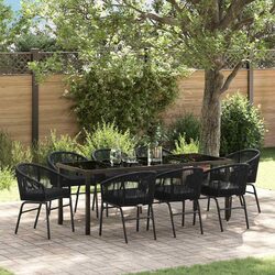 9 Piece Outdoor Garden Dining Set Black Steel Frame Tempered Glass Table Chairs
