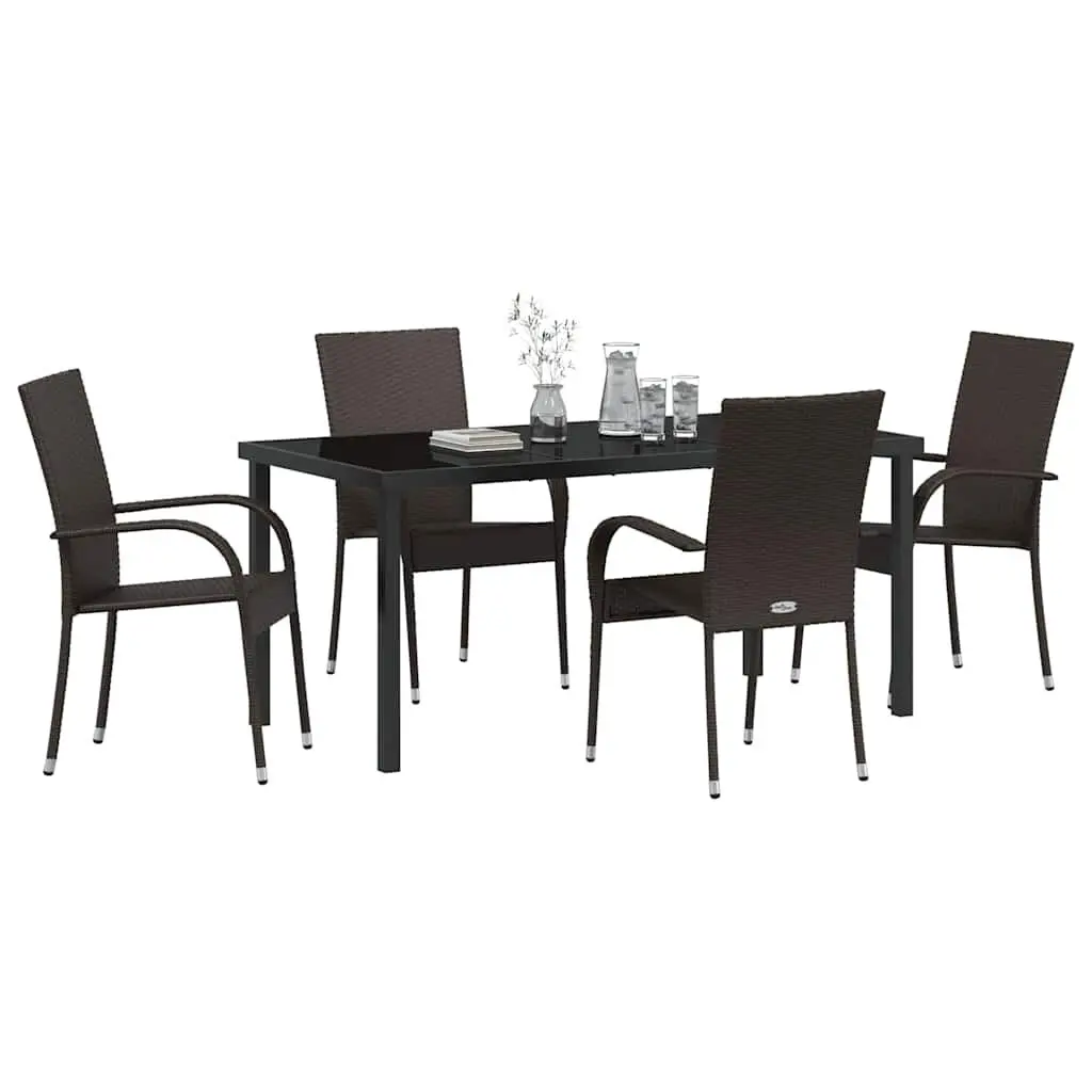 Garden Dining Set 5 Pieces Rectangular Brown Poly Rattan Steel Frame Outdoor Furniture