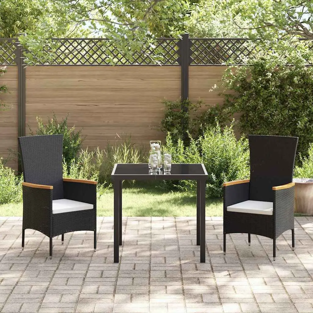 Garden Dining Set 3 Pieces Outdoor Furniture Black Steel Frame Tempered Glass Table Weather Resistant Cushions