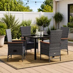 Garden Dining Set 5-Piece Outdoor Furniture Steel Frame Glass Top Rattan Chairs