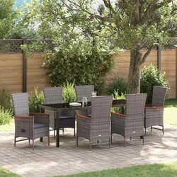 Garden Dining Set 7 Piece Outdoor Furniture Grey Steel Rattan Glass Chairs Table