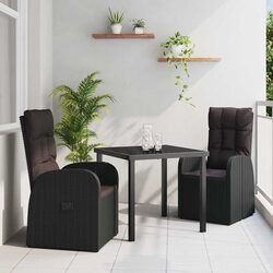 Outdoor Dining Set 3 Piece Black Rattan Garden Furniture with Tempered Glass
