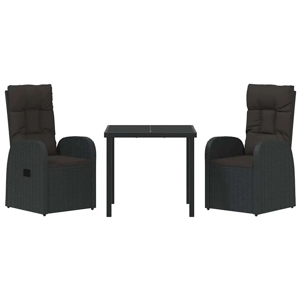 Outdoor Dining Set 3 Piece Tempered Glass Table Black Rattan Garden Furniture