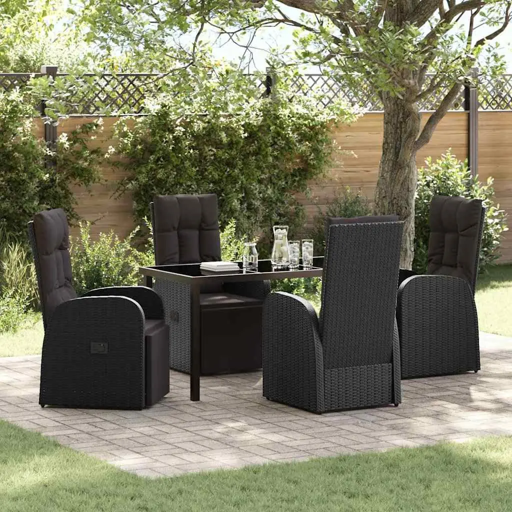 Outdoor Dining Set 5 Piece Poly Rattan Black Garden Furniture with Tempered Glass Table and Adjustable Backrest Chairs