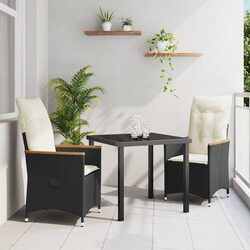3-Piece Black Poly Rattan Garden Dining Set Outdoor Furniture with Cushions