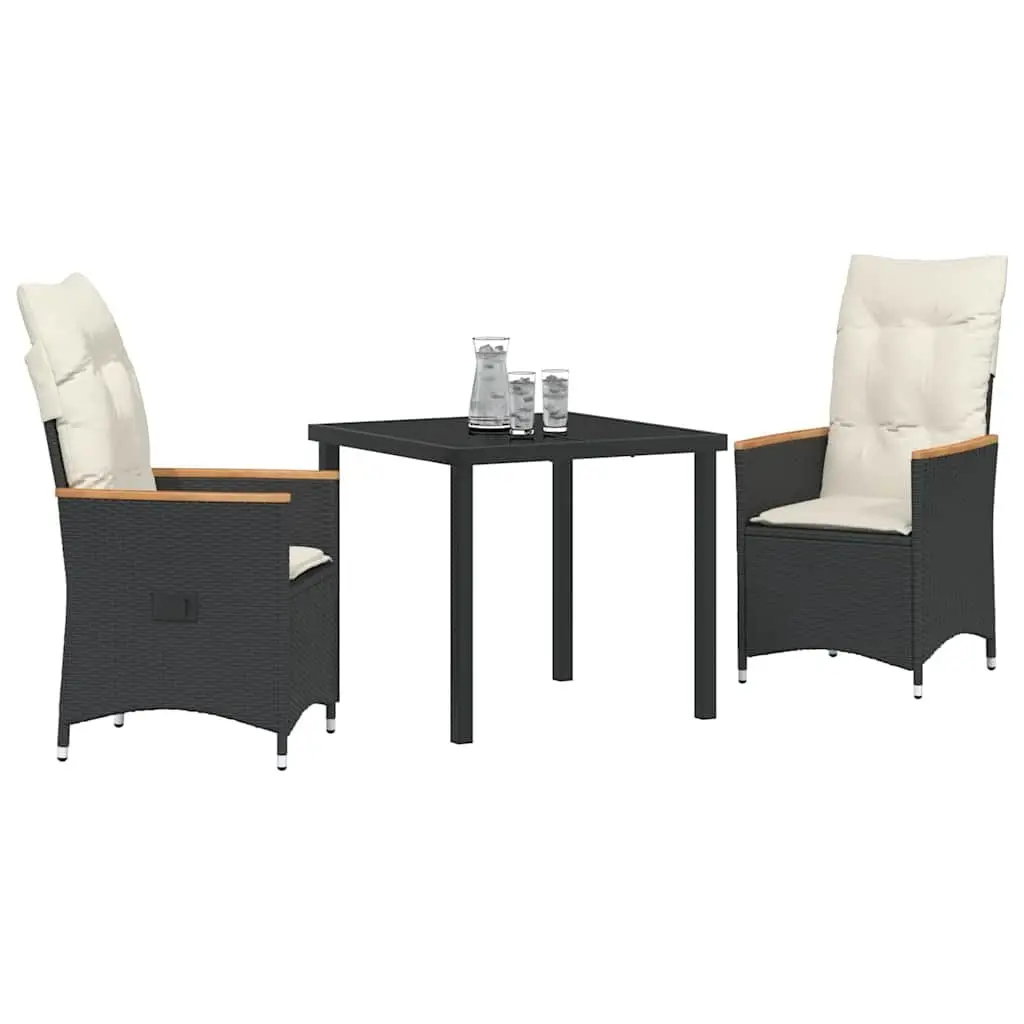 3-Piece Black Poly Rattan Garden Dining Set Outdoor Furniture with Cushions