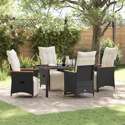 Outdoor Dining Set 5 Pieces Black Poly Rattan Garden Furniture with Cushions
