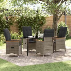 Garden Dining Set 5pc Grey Poly Rattan Outdoor Furniture Tempered Glass Table