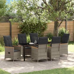 Garden Dining Set 7 Piece Grey Poly Rattan Outdoor Furniture Tempered Glass
