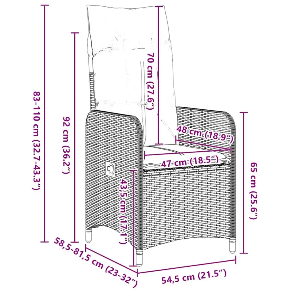 Outdoor Dining Set 5 Pieces Grey Cushioned Chairs Adjustable Backrest Tempered Glass Table