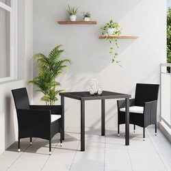 Outdoor Garden Dining Set 3 Piece Black Poly Rattan Chairs Table Cushioned Patio