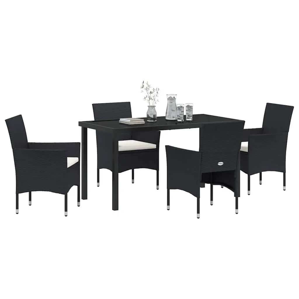 Outdoor Dining Set 5 Piece Black Poly Rattan Garden Furniture with Cushions