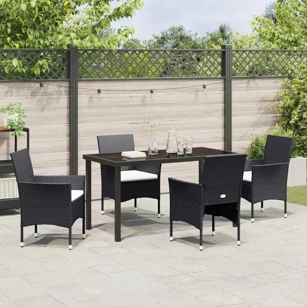 Outdoor Dining Set 5 Piece Black Poly Rattan Garden Furniture with Cushions