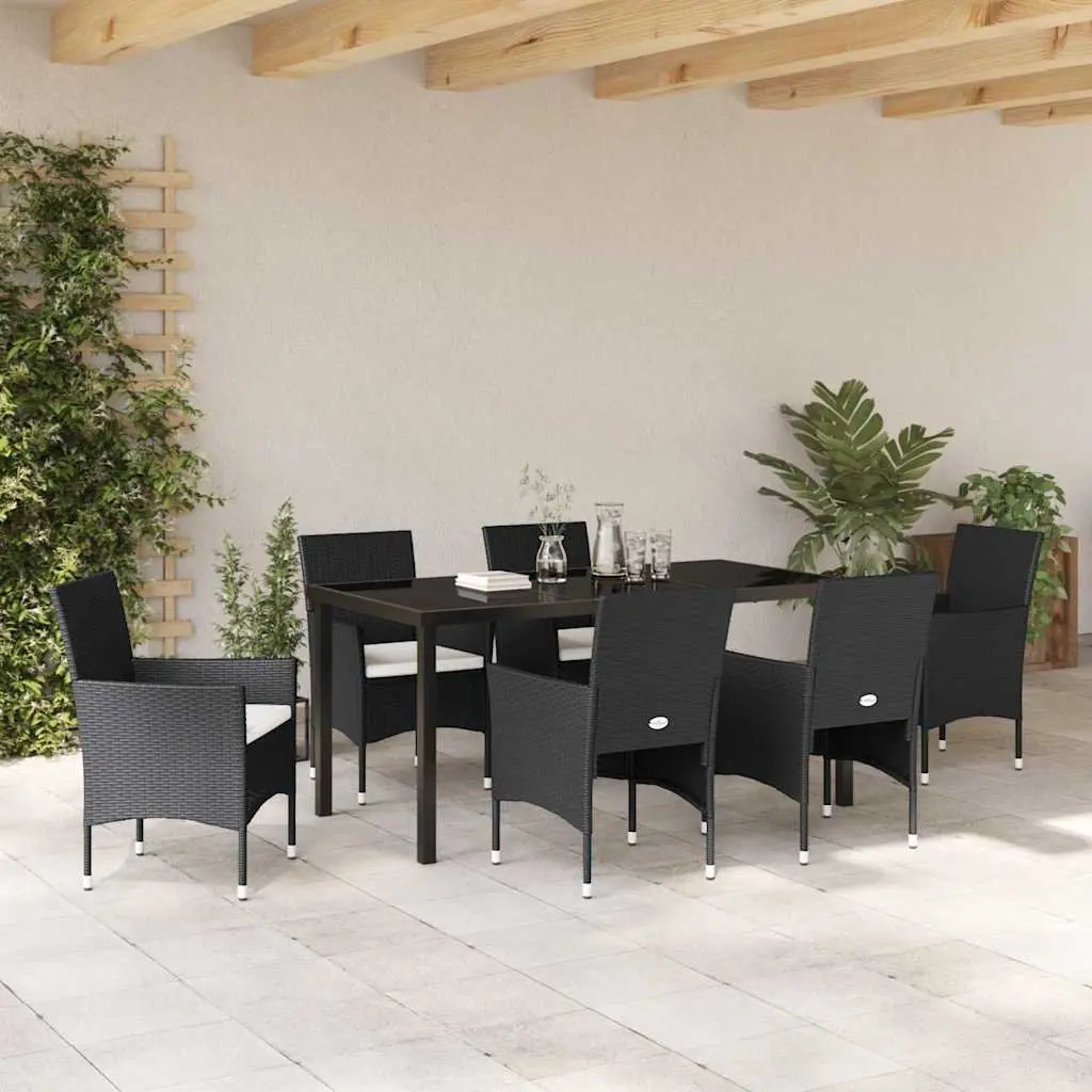 Outdoor Dining Set 7 Piece Black Poly Rattan Garden Furniture with Cushions
