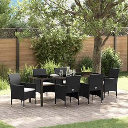 7 Piece Outdoor Dining Set Black Poly Rattan Garden Patio Furniture with Cushion