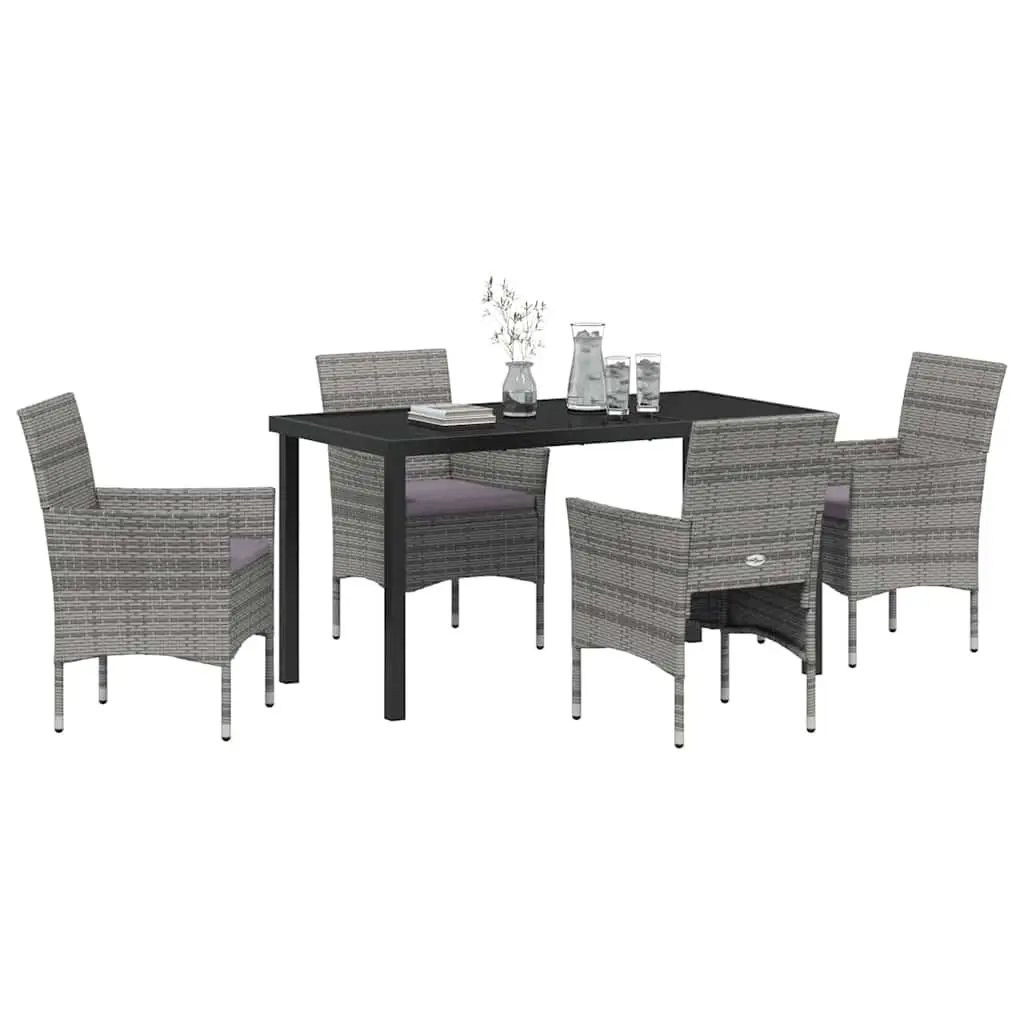 Garden Dining Set 5 Pieces Grey Powder-coated Steel Frame Poly Rattan Cushions Tempered Glass Table