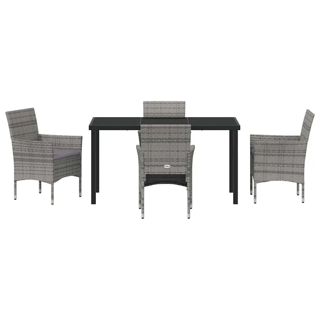 Garden Dining Set 5 Pieces Grey Powder-coated Steel Frame Poly Rattan Cushions Tempered Glass Table