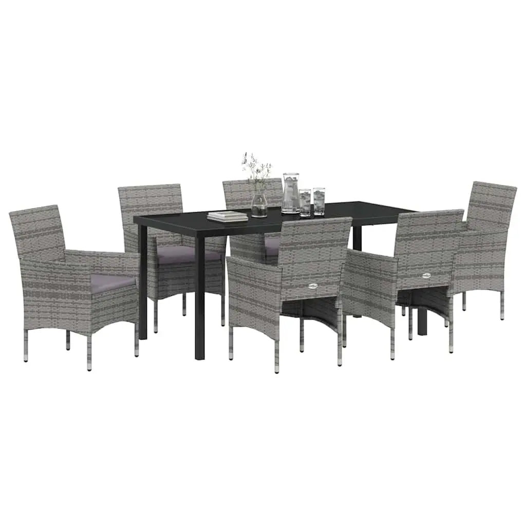 Garden Dining Set 7 Pieces Grey Outdoor Furniture with Cushions Tempered Glass Table