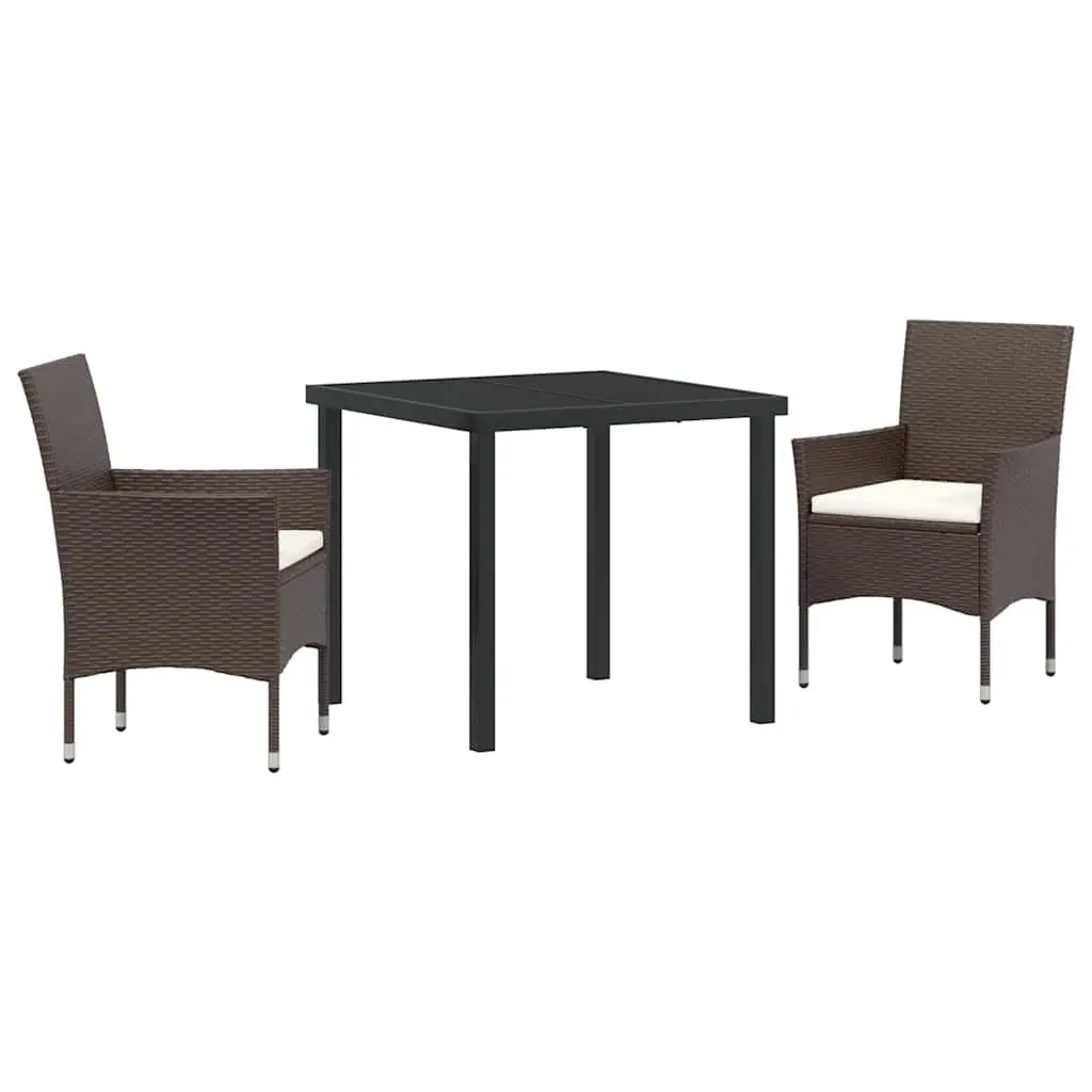 Garden Dining Set 3 Pieces Outdoor Furniture Brown Poly Rattan Tempered Glass