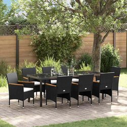 Garden Dining Set 9pc Outdoor Patio Furniture Black Poly Rattan Glass Table