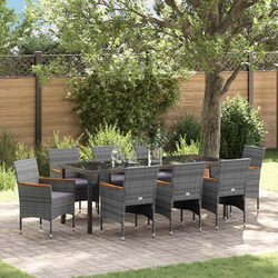 Garden Dining Set 9 Pieces Outdoor Patio Furniture Grey Poly Rattan Glass Top