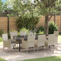 Outdoor Garden Dining Set 9 Piece Poly Rattan Chairs Table Cushions Light Grey