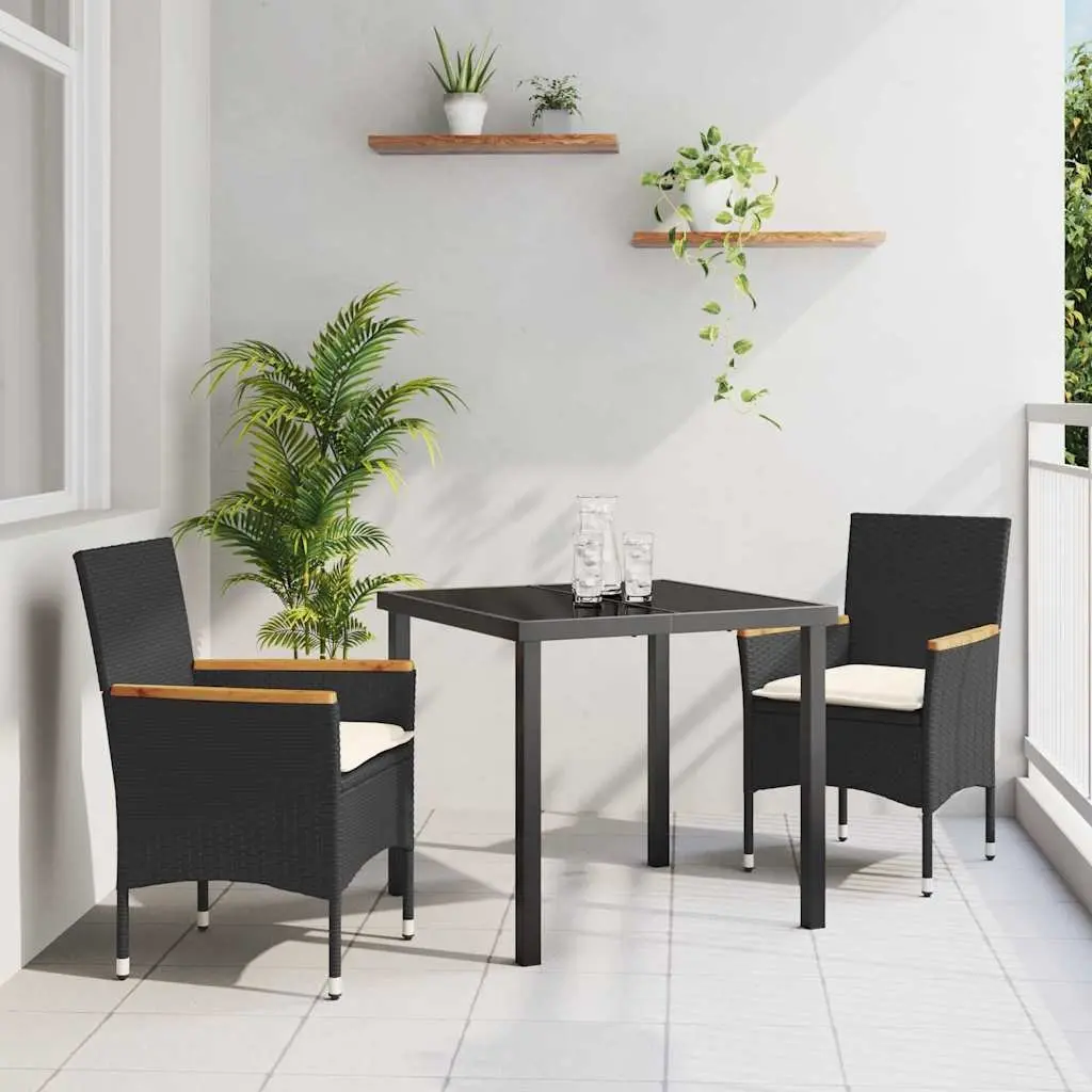 Garden Dining Set 3 Pieces Black Poly Rattan Outdoor Furniture with Cushions