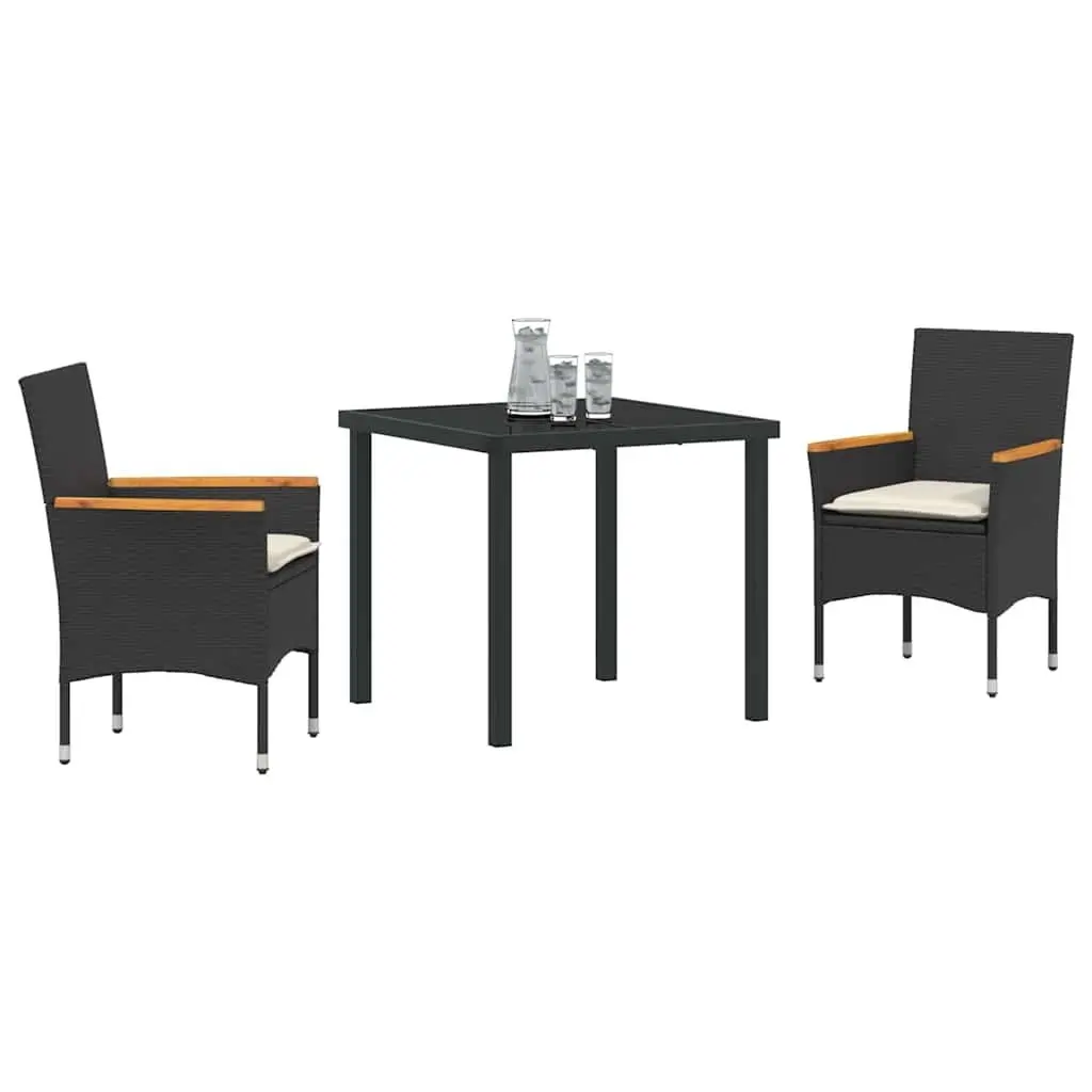 Garden Dining Set 3 Pieces Black Poly Rattan Outdoor Furniture with Cushions