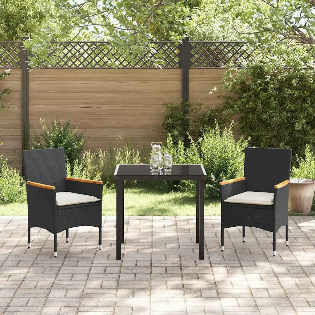 Garden Dining Set 3 Pieces Black Poly Rattan Outdoor Furniture with Cushions