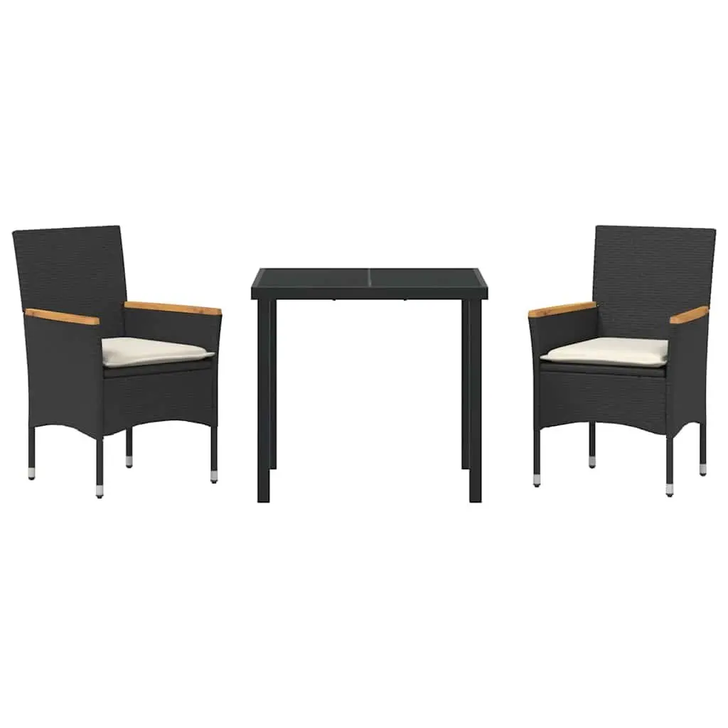 Garden Dining Set 3 Pieces Black Poly Rattan Outdoor Furniture with Cushions