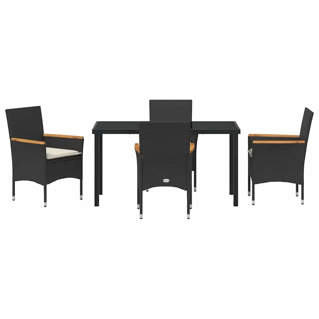 Garden Dining Set 5 Piece Black Poly Rattan with Cushions Tempered Glass Table