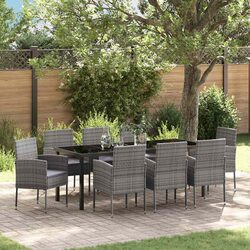 Garden Dining Set 9 Piece Outdoor Furniture Glass Table Chair Cushions Grey