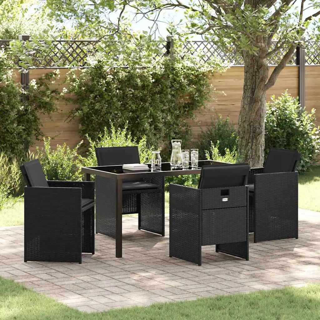Garden Dining Set 5 Piece Outdoor Furniture Table with Tempered Glass Top and 4 Chairs Poly Rattan Black