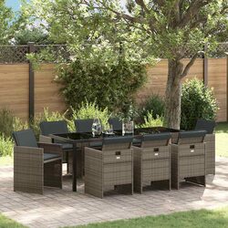 Garden Dining Set 9 Piece Grey Poly Rattan Outdoor Furniture with Cushions