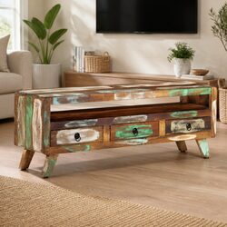 TV Cabinet Solid Reclaimed Wood 110x30x40 cm Multicolour Storage Unit Drawers