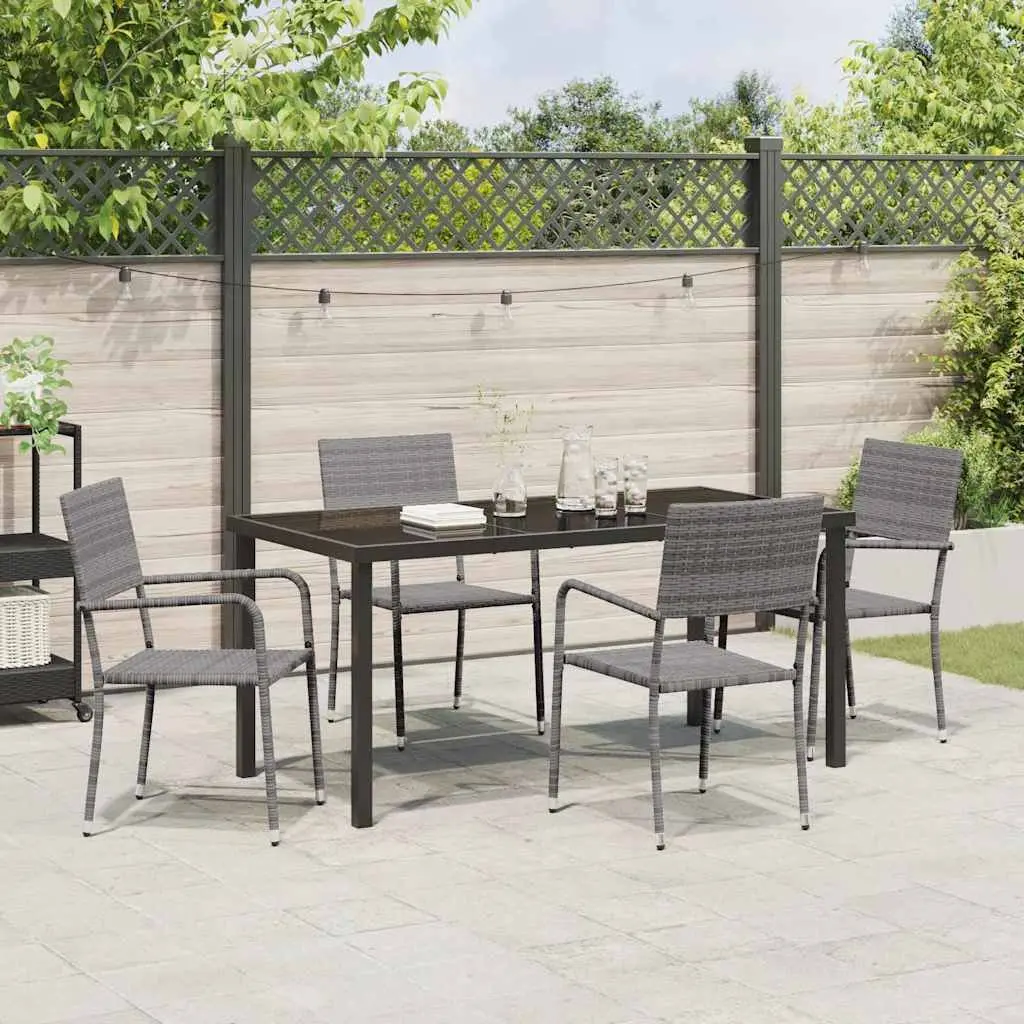 Outdoor Dining Set 5 Pieces Grey Poly Rattan Garden Furniture Tempered Glass