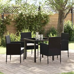 Garden Dining Set 5pcs Outdoor Furniture Black Poly Rattan Glass Table Chairs