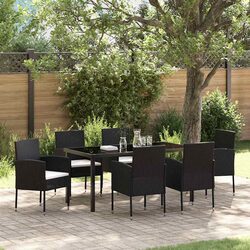 Garden Dining Set 7 Piece Outdoor Furniture Rattan Chairs Glass Table Black