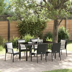 Outdoor Garden Dining Set 7 Pieces Black Poly Rattan Tempered Glass Table Chairs
