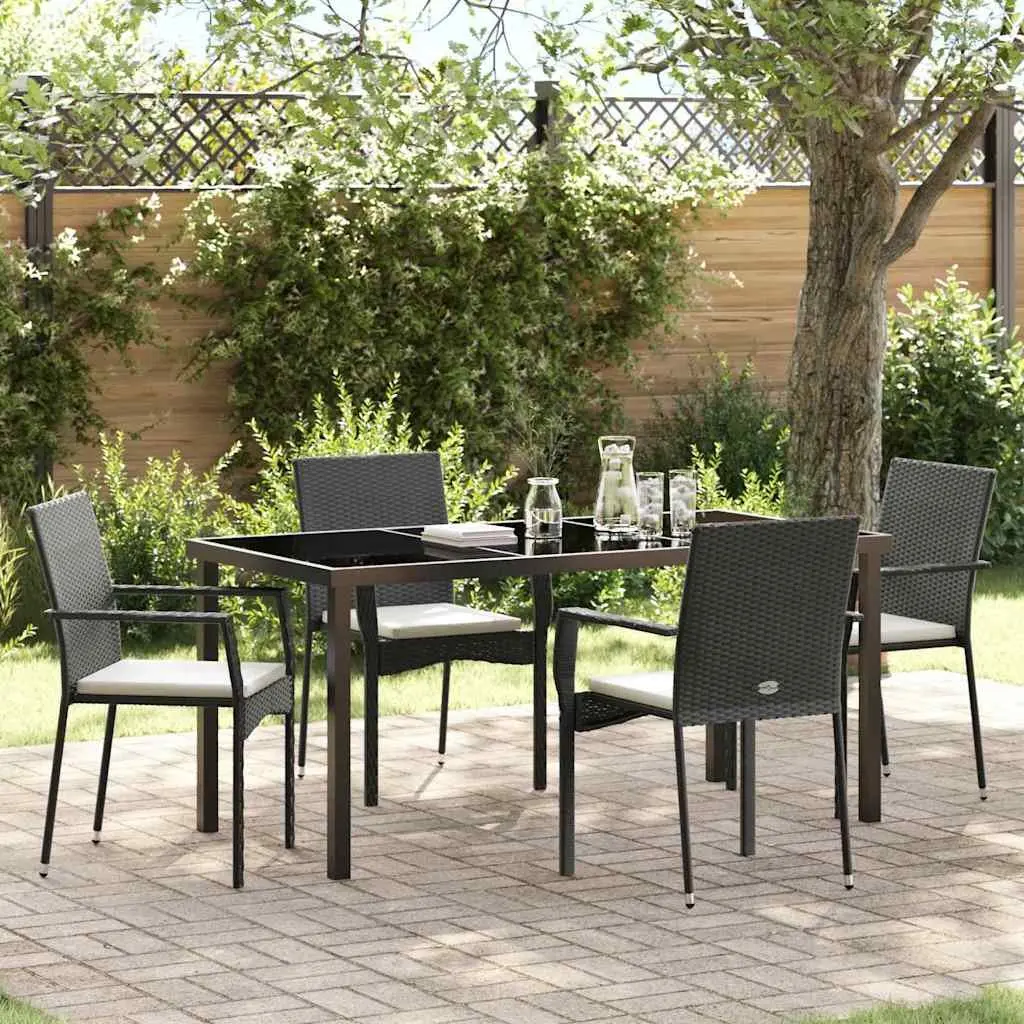Garden Dining Set 5 Piece Tempered Glass Table Black Outdoor Furniture with Cushions