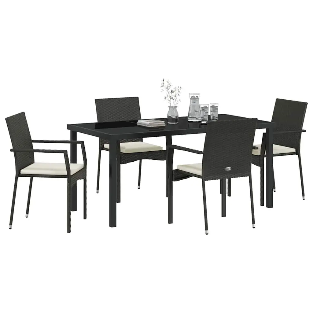 Garden Dining Set 5 Piece Tempered Glass Table Black Outdoor Furniture with Cushions