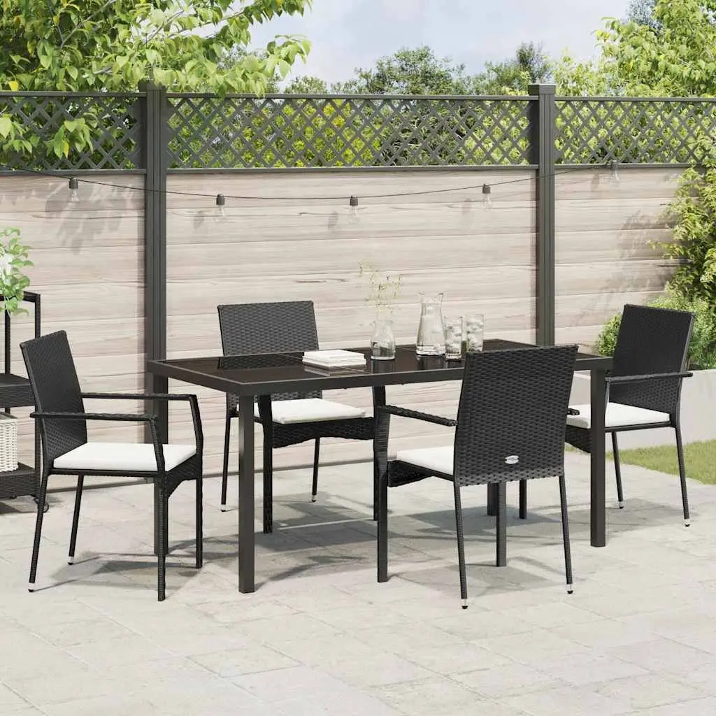 Garden Dining Set 5 Piece Tempered Glass Table Black Outdoor Furniture with Cushions