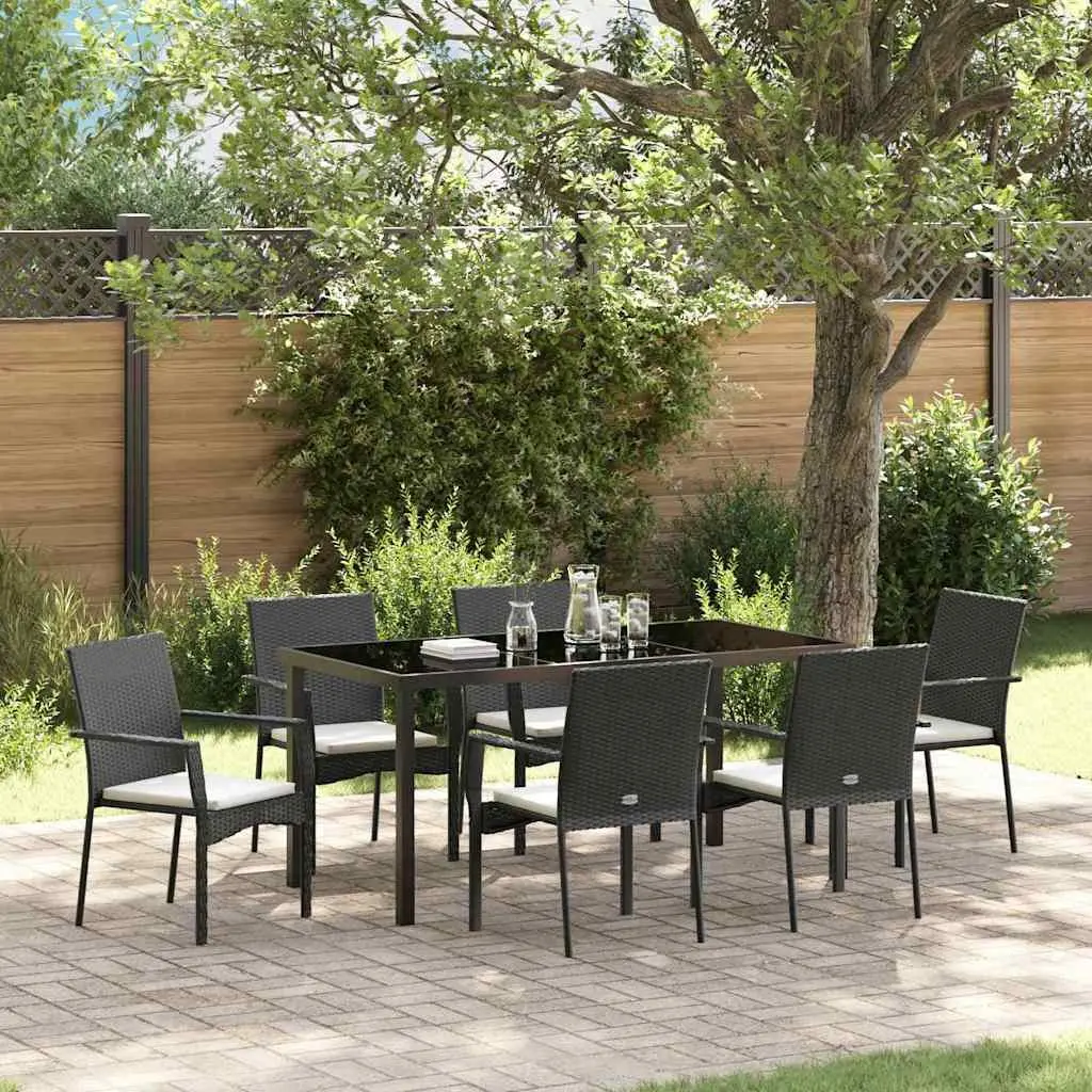 Outdoor Dining Set 7 Pieces Tempered Glass Table Black Poly Rattan Chairs