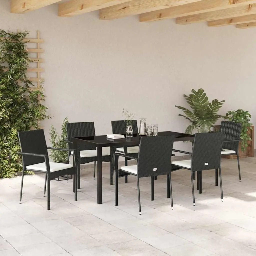 Outdoor Dining Set 7 Pieces Tempered Glass Table Black Poly Rattan Chairs